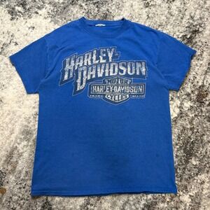 Harley Davidson Gowanda NY T-Shirt Blue 2016 Graphic Tee Distressed Thrashed M